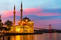 Ortakoy Mosque and the Bosphorus of Istanbul, impressive sunset scenery of the capital of Turkey Royalty Free Stock Photo