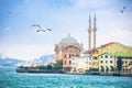 Ortakoy Mosque or Buyuk Mecidiye Camii and Bosphorus channel in Istanbul view Royalty Free Stock Photo