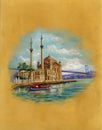 Ortakoy Mosque in Istanbul Turkey. Watercolor painting. Royalty Free Stock Photo