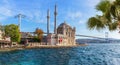 Ortakoy Mosque panorama, sunny day in Istanbul, Turkey