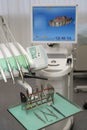 Orthodontic tools for braces on dental office background