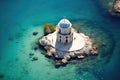 Orthodox Basilica Church on a Small Island in the Sea top aerial view. Generative AI