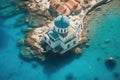 Orthodox Basilica Church on a Small Island in the Sea top aerial view. Generative AI