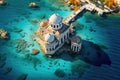 Orthodox Basilica Church on a Small Island in the Sea top aerial view. Generative AI