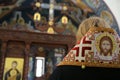 Orthodox bishop is praying in front of altar Royalty Free Stock Photo