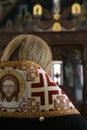Orthodox bishop is praying in front of altar Royalty Free Stock Photo
