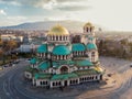 Orthodox Cathedral Alexander Nevsky, in Sofia, Bulgaria. Aerial photography in the sunset