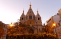 Orthodox cathedral Saint Alexander Nevsky at night in Paris, France.