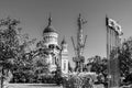 The orthodox cathedral and the statue of Avram Iancu in Cluj Napoca, Transylvania, Romania. Cathedral of the Dormition of the