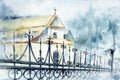 Orthodox, catholic church, temple and fence made of metal bars with curlicues. Horizontal hand watercolor illustration. Royalty Free Stock Photo