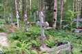 Orthodox cemetery. Graves with crosses, tombstones. Clear sunny weather. Royalty Free Stock Photo