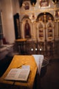 Orthodox Christian Cross, Holy Bible and utensils in the church. Epiphany ceremony rite.