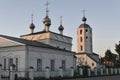 Orthodox Christian white stone Church in Russia on the banks of the Volga river on a summer day in the evening
