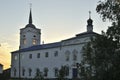 Orthodox Christian white stone Church in Russia on the banks of the Volga river on a summer day in the evening