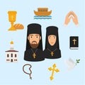 Orthodox Christianity religion symbols vector illustration. Isolated religious icon, church and Jesus Christ bread and