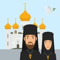 Orthodox christianity religion vector illustration. Priest and nun with cross and orthodox christianity white church and