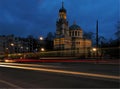 Orthodox church behind lights.