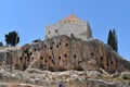 Orthodox church called `Saint John al sheer` in Amioun, lebanon above a rock with paleolithic trogloditic graves clear limestone