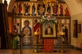 Orthodox Church. Christianity. Festive interior decoration with burning candles and icon in traditional Orthodox Church on Easter