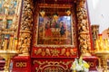 Orthodox Church. Christianity. Festive interior decoration with burning candles and icon in traditional Orthodox Church on Easter