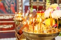 Orthodox Church. Christianity. Festive interior decoration with burning candles and icon in traditional Orthodox Church on Easter