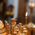 Orthodox Church. Christianity. Festive interior decoration with burning candles and icon in traditional Orthodox Church on Easter