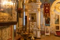 Orthodox Church. Christianity. Festive interior decoration with burning candles and icon in traditional Orthodox Church