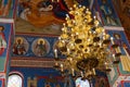 Orthodox Church Europe. Bright blue vintage interior of an ancient historic Greek church