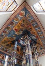 Orthodox Church Europe. Bright blue vintage interior of an ancient historic Greek church