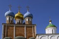 Orthodox church with golden domes . The Transfiguration Church in Ryazan.