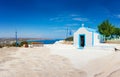 Orthodox church on hill with Faliraki beach in background Rhode Royalty Free Stock Photo