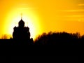 Orthodox Church in honor of Saint George in the Kaluga region (Russia) at sunset. Royalty Free Stock Photo