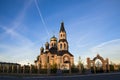 Orthodox church in honor of St. Nicholas in the city of Tarko-Sale in the Yamalo-Nenets Autonomous Okrug in Russia against a Royalty Free Stock Photo