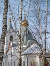Orthodox Church in the Kaluga region among birch trees in winter. Royalty Free Stock Photo