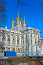 Orthodox Church of the Resurrection with golden domes of Catherine Palace in Tsarskoe Selo (Pushkin), St. Petersburg, Russia.