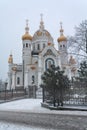 Orthodox church of St. Peter and Fevronia covered with snow. Donetsk