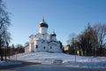 Pskov, Russia, January 2, 2024. Orthodox church on Vasilyevskaya Hill in the Middle City.