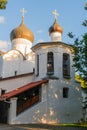 Pskov, Russia, September 6, 2023. Porch and bell tower of the Church of Vasily on Gorka.