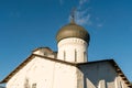 Pskov, Russia, September 6, 2023. The roof and domes of an ancient temple against the sky.