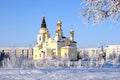 Orthodox Church on a winter day among snow and frost in the city of Nadym in Russia