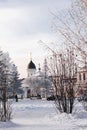 Orthodox church. Winter landscape. Winter road and trees covered with snow. Royalty Free Stock Photo