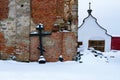 Orthodox cross, shot from the dome of the dilapidated chapel in the men`s monastery, Russia, winter.