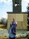 Orthodox divine service near the temple in the Kaluga region in Russia (2014).