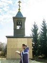 Orthodox divine service near the temple in the Kaluga region in Russia (2014).