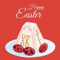 Orthodox Easter festive greeting card. Vector cartoon illustration of a traditional curd dessert called the pascha in the form of