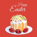 Orthodox Easter festive greeting card. Vector cartoon illustration of a traditional Easter cake with candied fruits and three colo