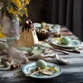 Orthodox Easter table setting with caramel easter cottage cheese cake on wooden light green board on grey wooden table