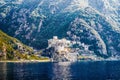 Orthodox Greek monastery on Mount Athos. View from sea. Dionysiou.