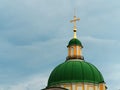 Orthodox green dome of church with cross architecture background Royalty Free Stock Photo