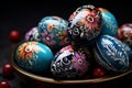 Orthodox hand-painted easter eggs on dark background, traditional decorative plates for celebrations Royalty Free Stock Photo